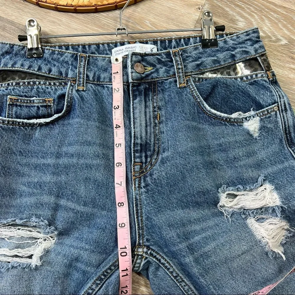 Zara boyfriend jeans distressed frayed hem w/ leopard detail‎